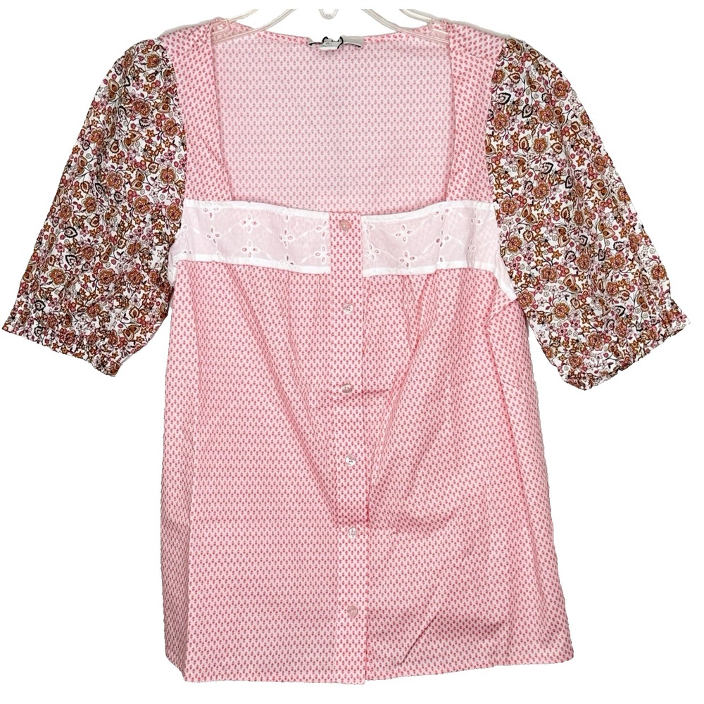 Short Sleeve Blouse Pink Floral Eyelet XS Coquette Romantic Soft Girl Cottage